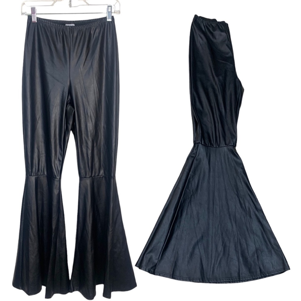 Vintage super bell bottom black‎ faux vegan leather pull on pants szS